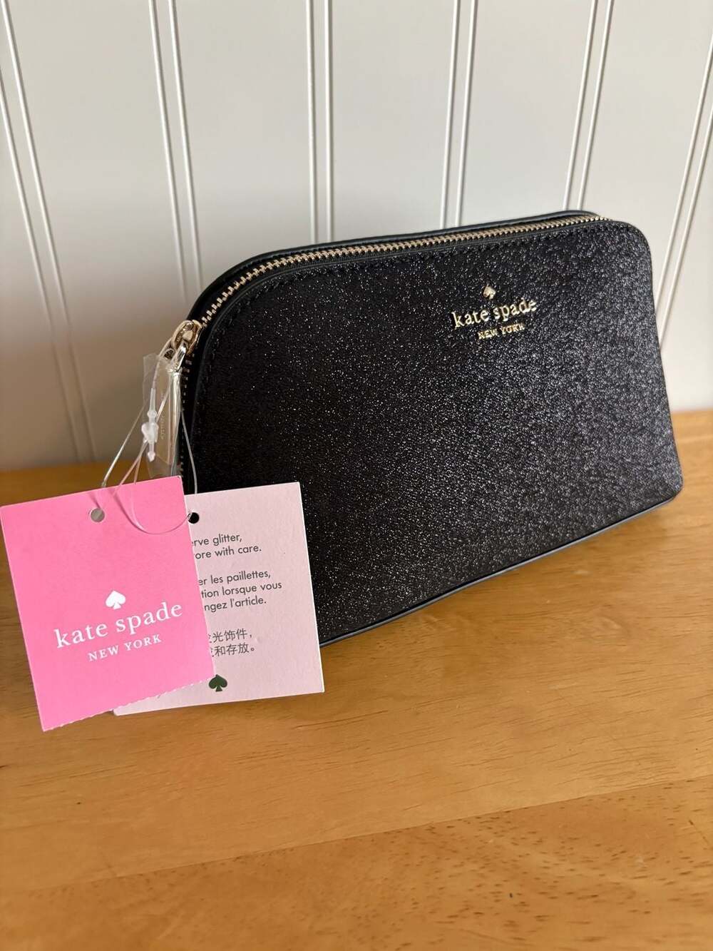 Kate Spade Shimmy Glitter Fabric Small Cosmetic Bag Black